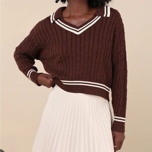Lulus Brown Cable-Knit V-Neck Sweater